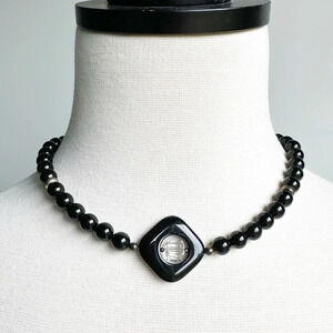 Vintage Black and Crystal Beaded Necklace Choker Square Bead Costume Jewelry